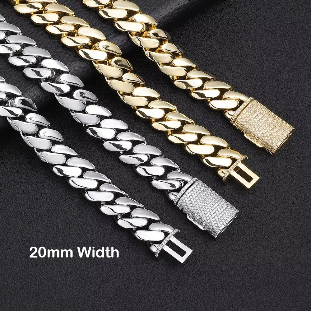 NY Hip Hop Bling Miami Cuban Link Necklace Bracelet For Men 8/12/15/20MM Brass Zircon Fashion Jewelry Party Gift