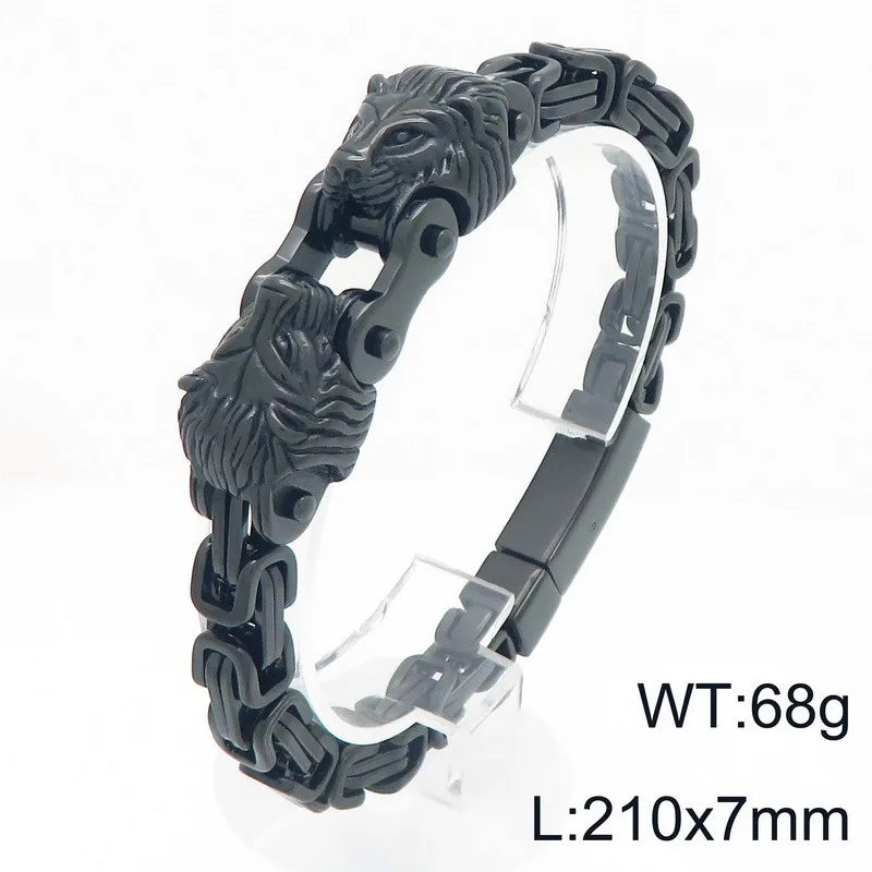 Cool 7MM Wide Men's Lion Head Link Chain Bracelet Vintage Blackened 316l Stainless Steel Bracelets Gothic Biker Jewelry