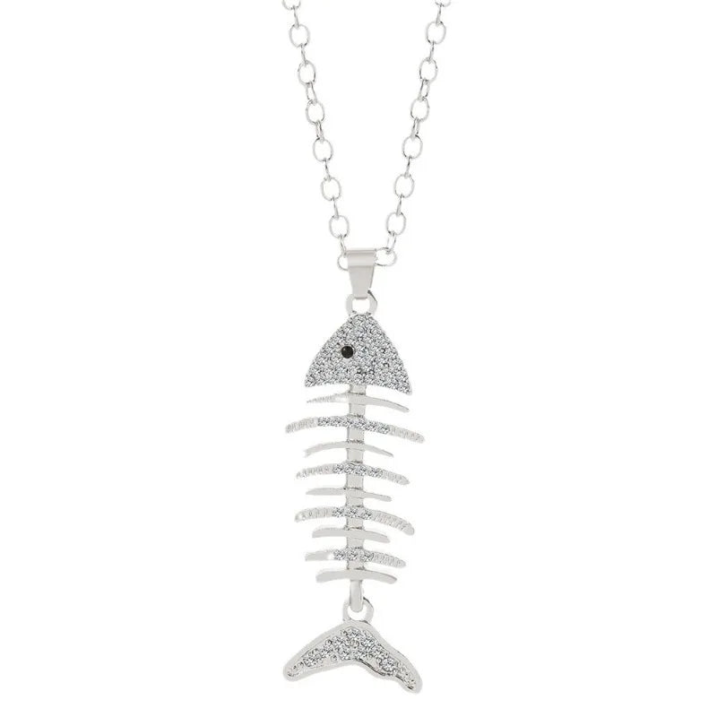 Fish Bone Necklace Rhinestone Skeleton Pendant Sparkly Chain Choker Hip Hop Jewelry Edgy Fashion Accessory Gift