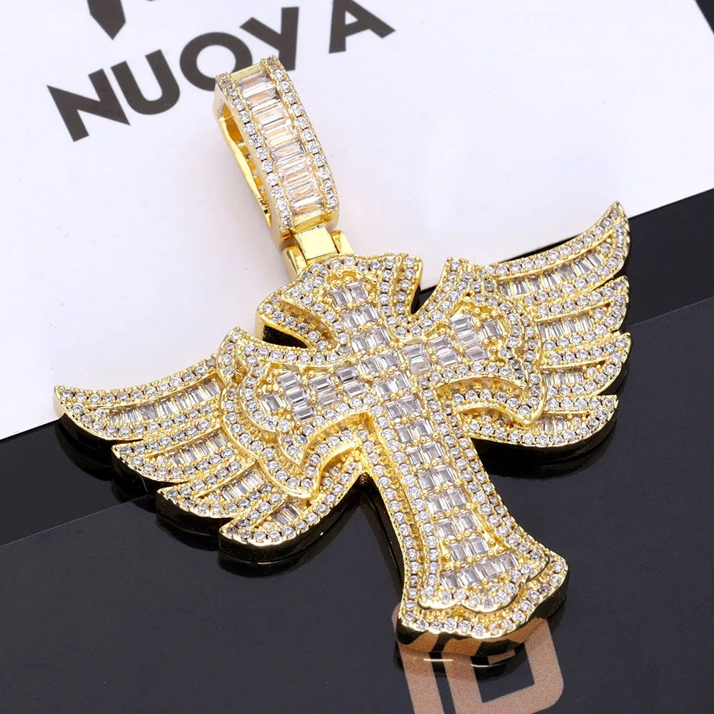 Cross Angel Wings Pendant Necklace Iced Out