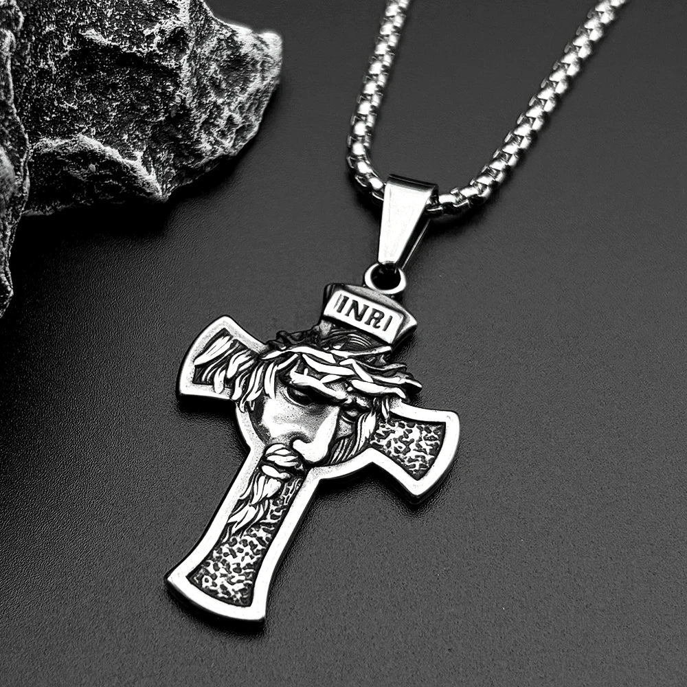 Jesus Crown Thorns Silver Pendant Inri Crucifix