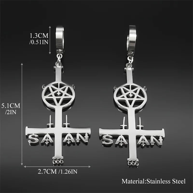 Cross Silver Earrings Satan Inverted Pentagram