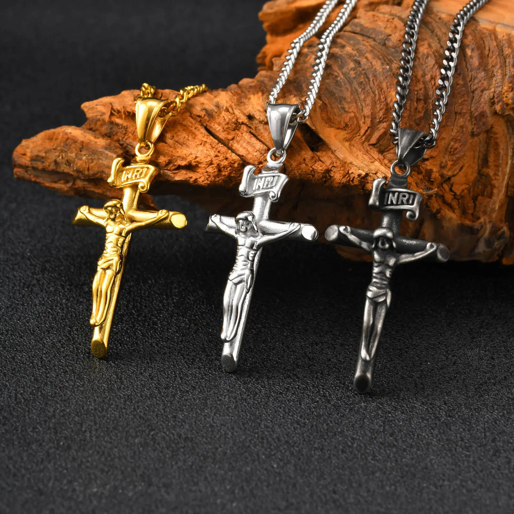 Vnox Stainless Steel Catholic Jesus Cross Necklace for Men Women, Crucifix Pendant with 60cm Cuban Chain, Religious
