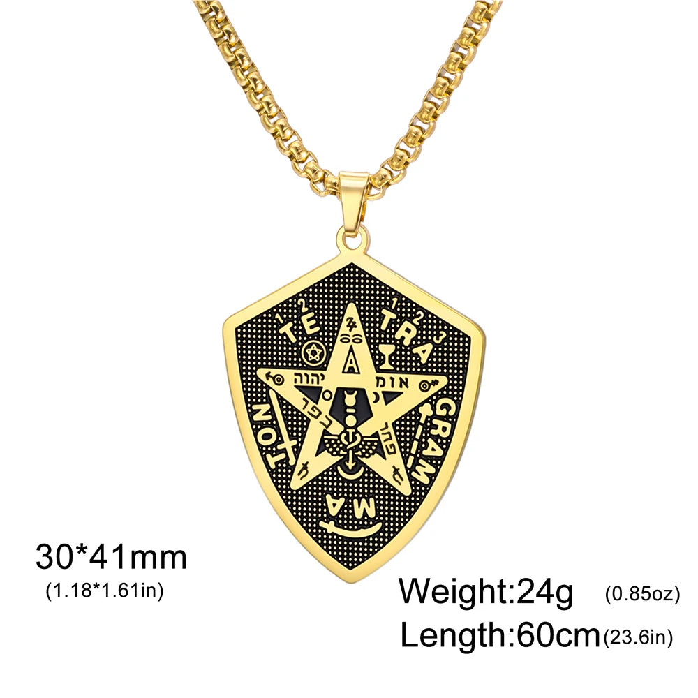Tetragrammaton Pentagram Shield Amulet Necklace — Stainless Steel
