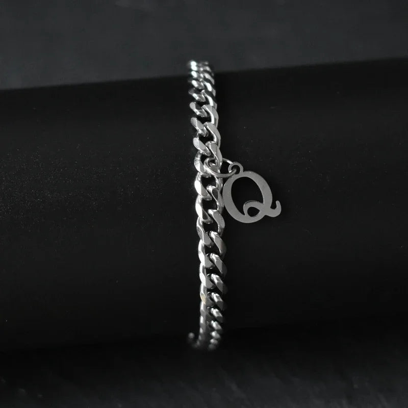 A-Z Initial Letter Cuban Chain Bracelet — Stainless Steel