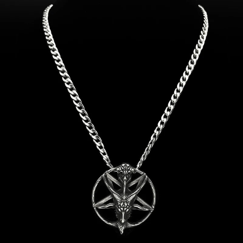 Gothic Skull Silver Pendant Goat 316L Pentagram