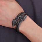 Retro Elastic Wolf Head Open Cuff Bangle Bracelet For Men 12MM Twist Chain Stainless Steel Men‘s Bracelets Rockers