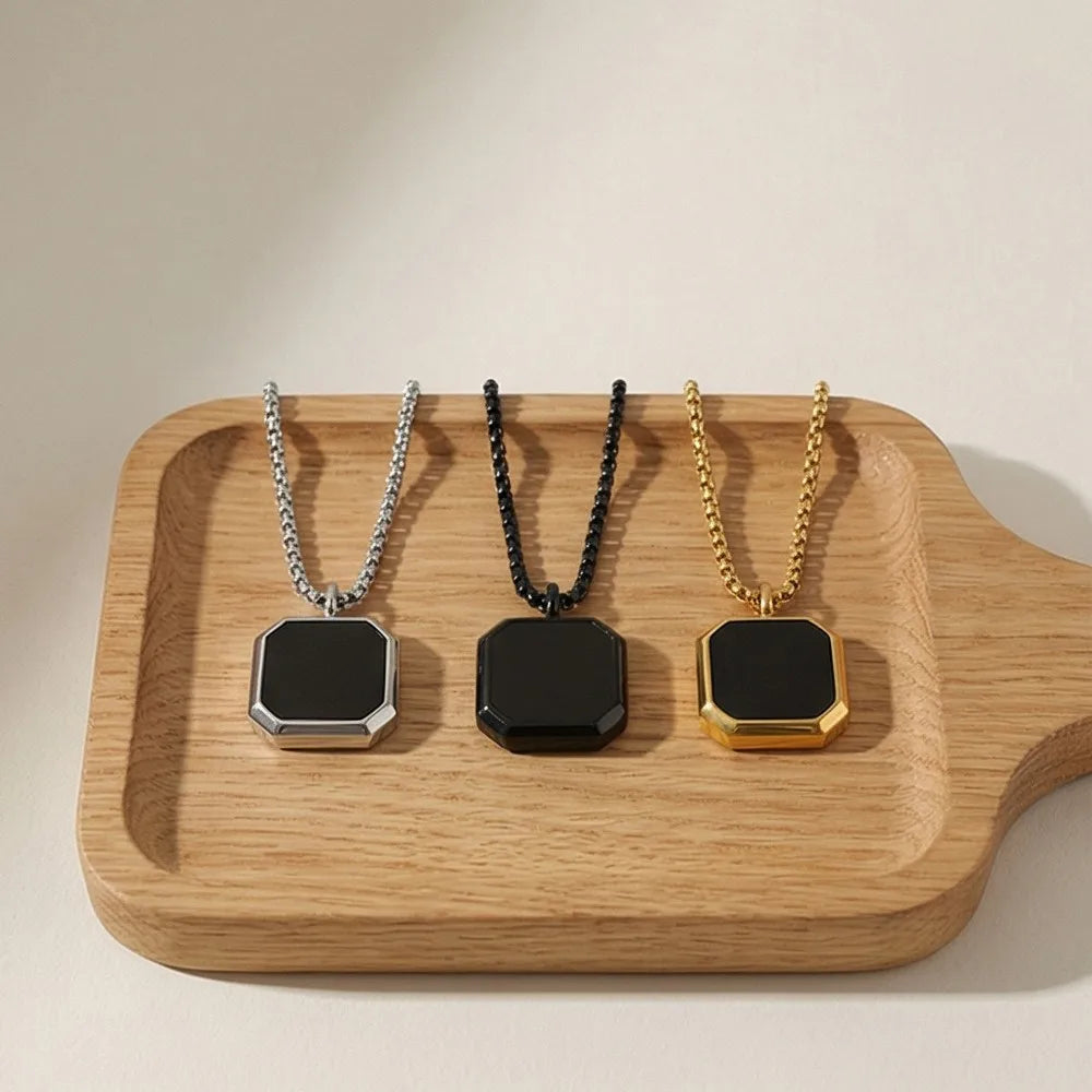 Punk Style Black Square Pendant Necklace For Men Women Hip Hop Stainless Steel Gold Color Neck Chain Rock Jewelry Cool Fashion
