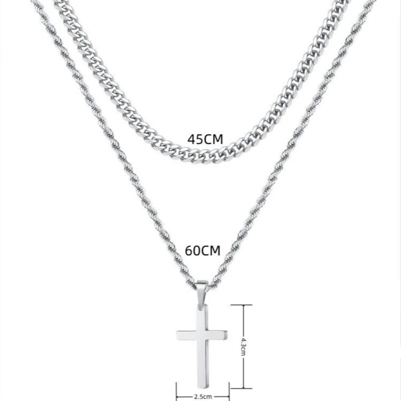 Cross Two-Tone Pendant Double Chain Necklace