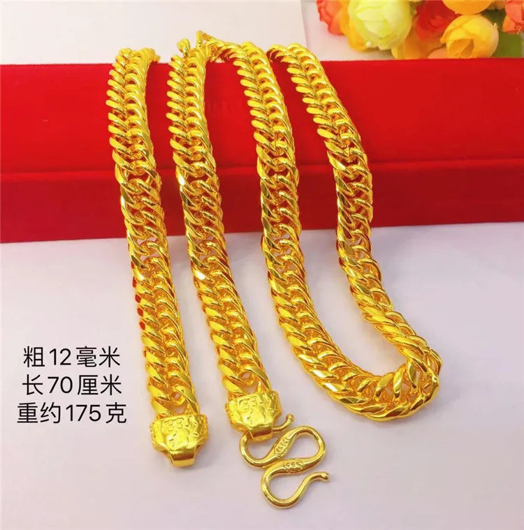 24K Gold Fortune Buckle Men's Necklace, AU999 Pure Gold - Thickened Chain Boss Style, 6-12MM Sizes, Chain Texture Light