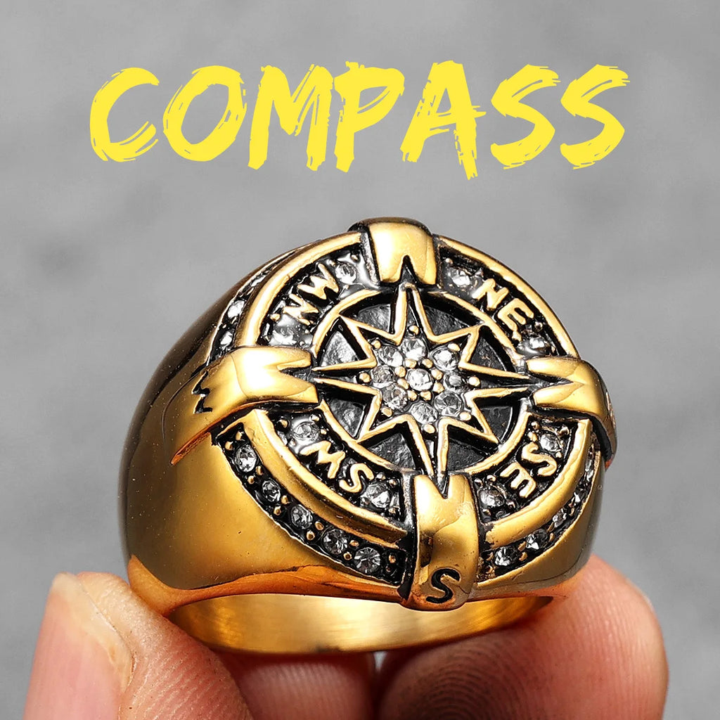 Iced Out Compass Ring — Stainless Steel