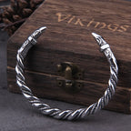 Viking Odin’s Ravens Head Bracelet Stainless Steel Twisted Open Cuff Norse Mythology Amulet Wristband for Men with wood box