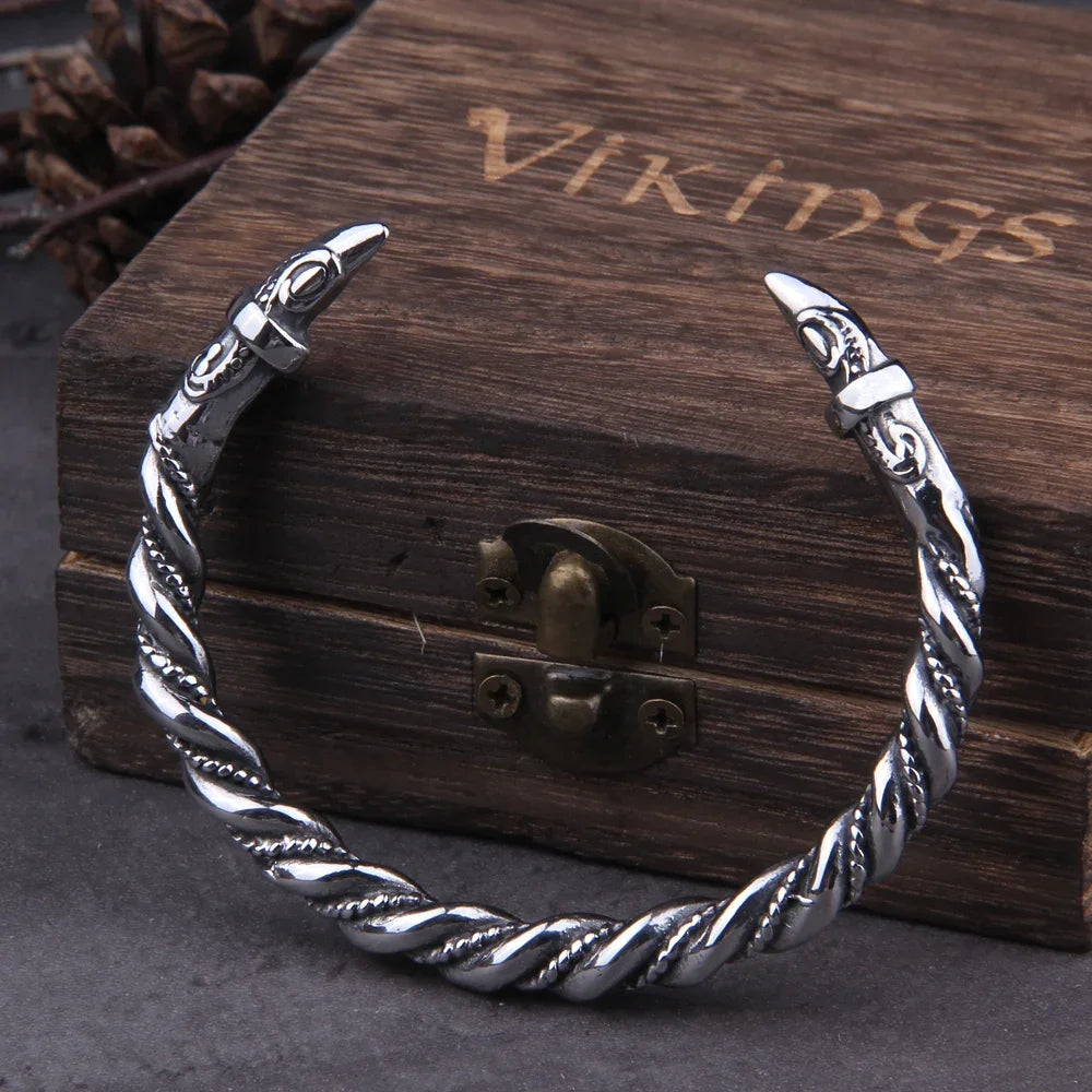 Viking Odin’s Ravens Head Bracelet Stainless Steel Twisted Open Cuff Norse Mythology Amulet Wristband for Men with wood box