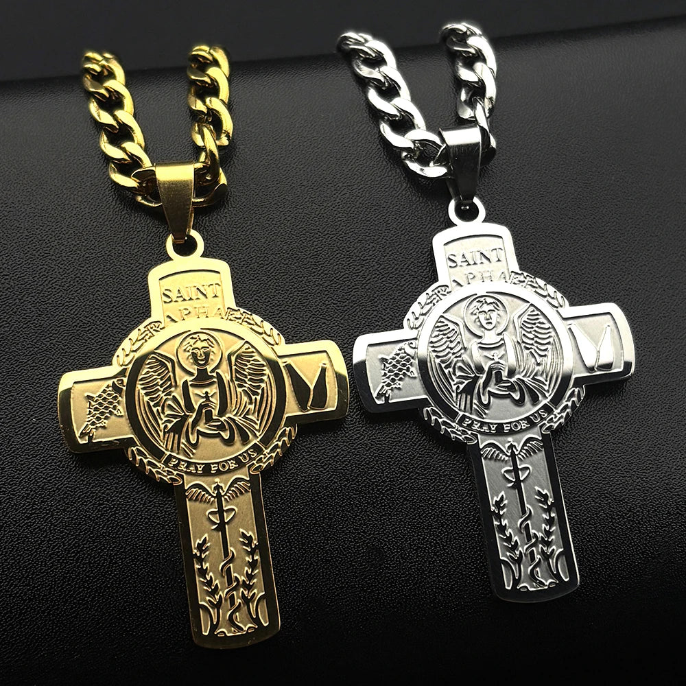 Stainless Steel Christian Saint Raphael Pray for Us Cross Pendant Necklaces Women Men Gold Color Chain Necklace Jewelry