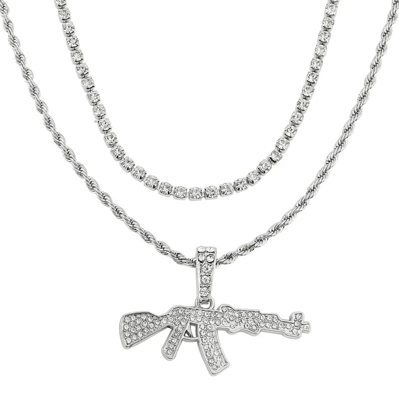 Iced Out Gun Pendant Necklace - Hip Hop Bling with Tennis & Rope Chains, Gold/Silver Plated for Men