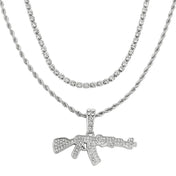 Iced Out Two-Tone Gun Pendant — Tennis Chain CZ Stainless Steel