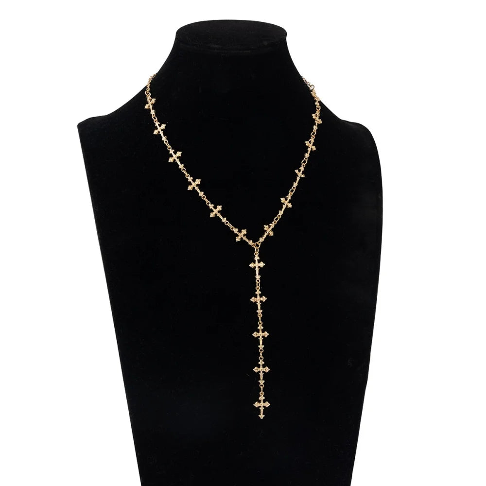 Silver Color Y Shaped Cross Tassel Necklace for Men Women Fashion Hip Hop Punk Style Long Clavicle Chain Party Jewelry Gifts