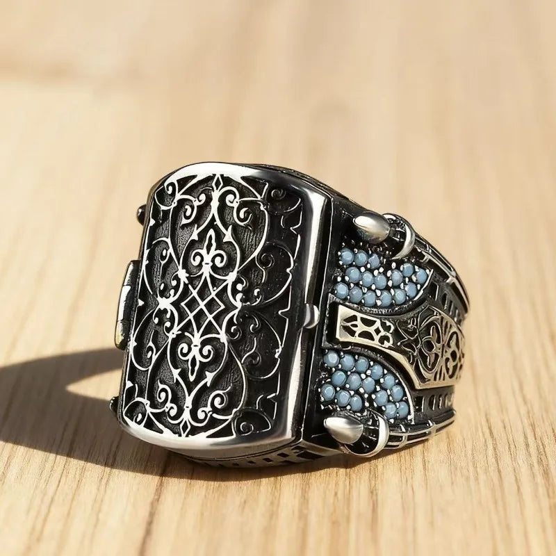 European and American new fashion armor shield shape retro engraved flip men's ring