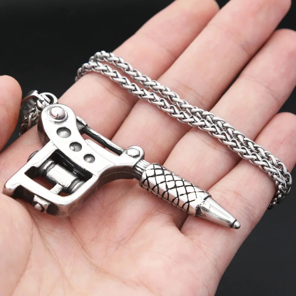Vintage Stainless Steel Tattoo Machine Tool Pendant Necklace For Men Women Punk Hip Hop Tattoo Artist Gifts Jewelry
