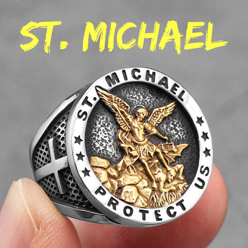 St.Michael St.Benedict Exorcism Powerful Talismans Stainless Steel Men Rings Punk New In For Male Women Fashion Jewelry