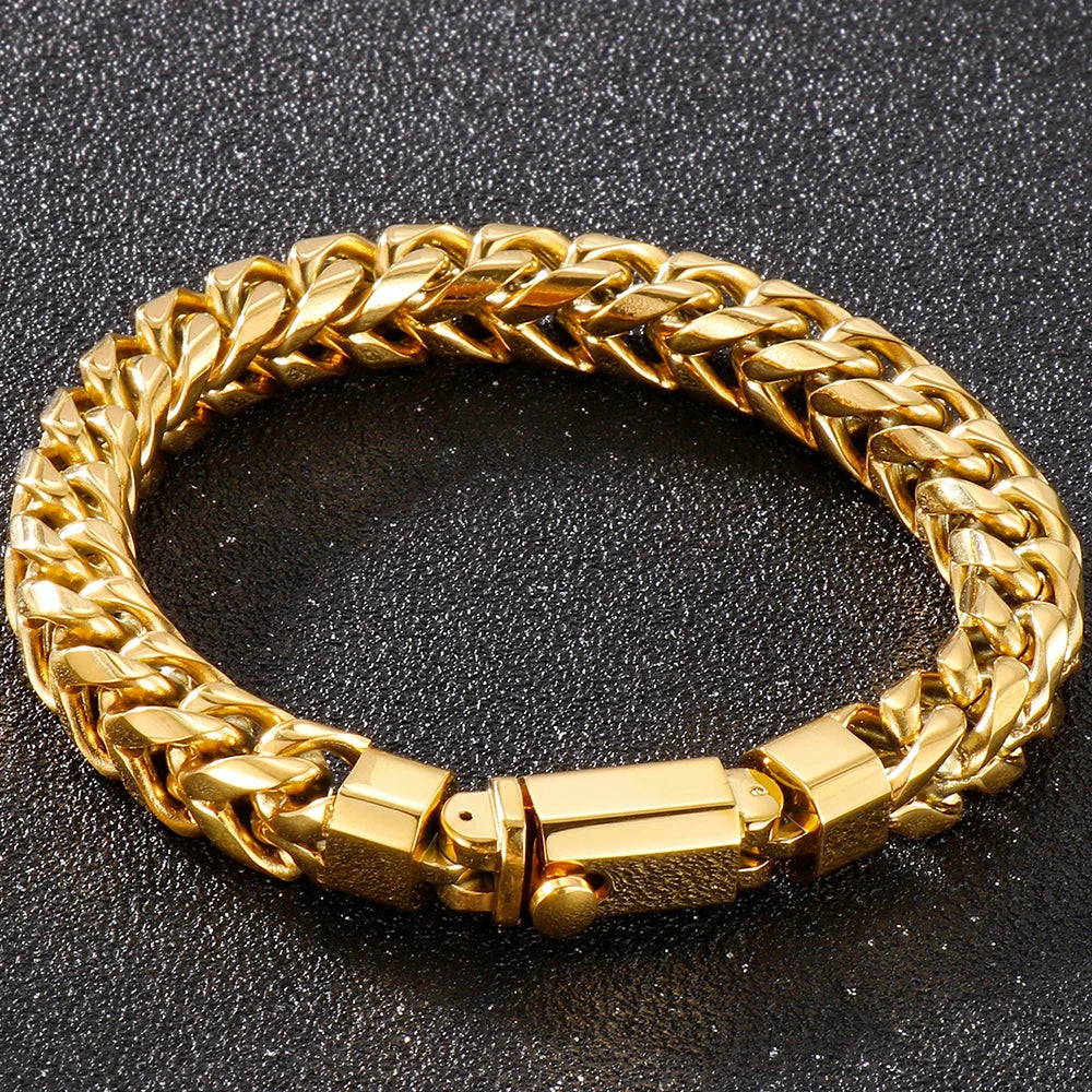 Luxury Gold Color Stainless Steel Bracelet for Men 10MM Square Franco Chain Men's Wrist Bracelets On Hand Jewellery