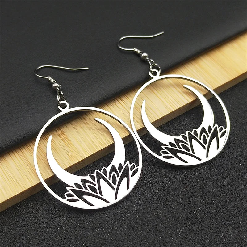 Moon Steel Earrings Gothic Flower Crescent Dangle