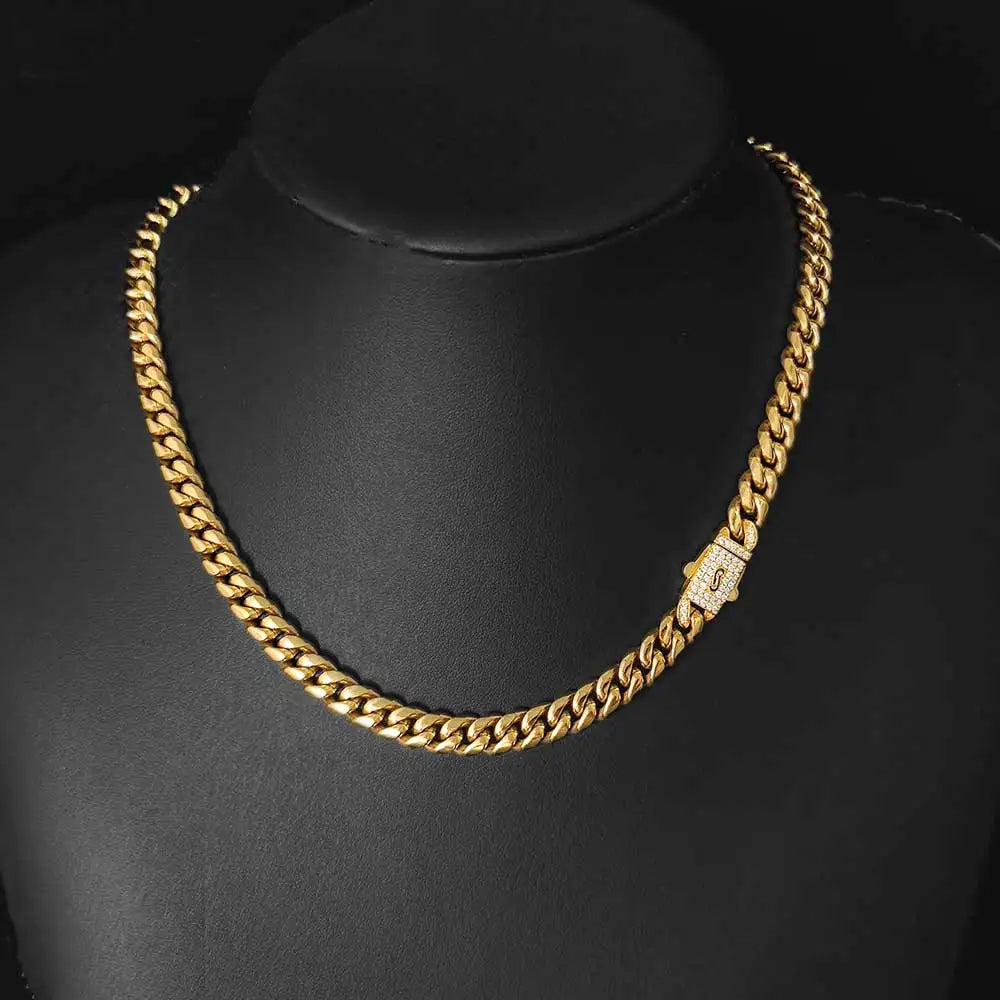 Gold Cuban Chain Necklace Iced Out 8MM Diamond Clasp