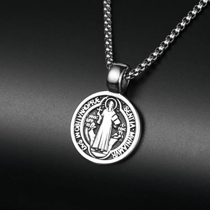 Stainless Steel Saint St. Benedict Collar Medal of San Benito Necklace Men Women Spiritual Virgin Mary Pendant Necklace