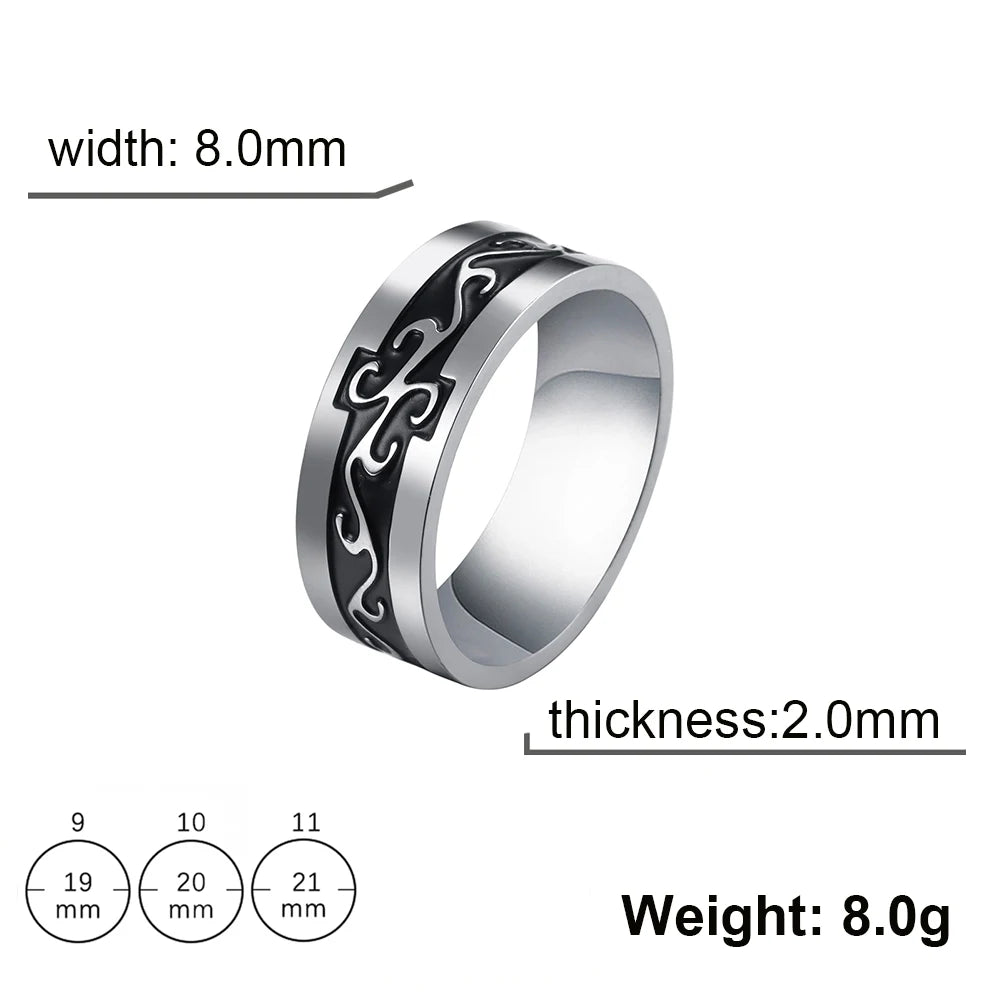 My Shape Vintage Fire Flame Totem Vine Cross Rings for Men Black Paint Punk Stainless Steel Finger Rings Male Jewelry