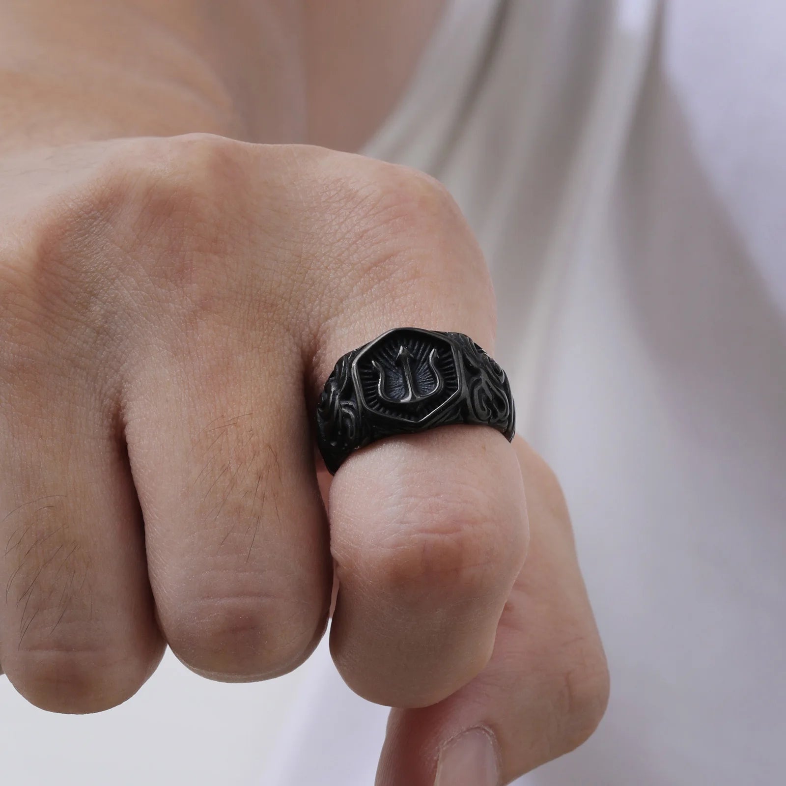 Trident Stamp Black Signet Ring — Stainless Steel