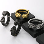 Gothic Elastic Double Lion Face Head Open Cuff Bangle Bracelet For Man Stainless Steel & Leather 12MM Twist Chain Mens
