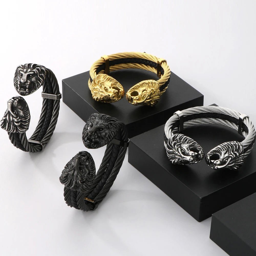Gothic Elastic Double Lion Face Head Open Cuff Bangle Bracelet For Man Stainless Steel & Leather 12MM Twist Chain Mens