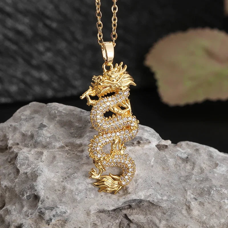 Zircon Auspicious Dragon Pendant — Stainless Steel