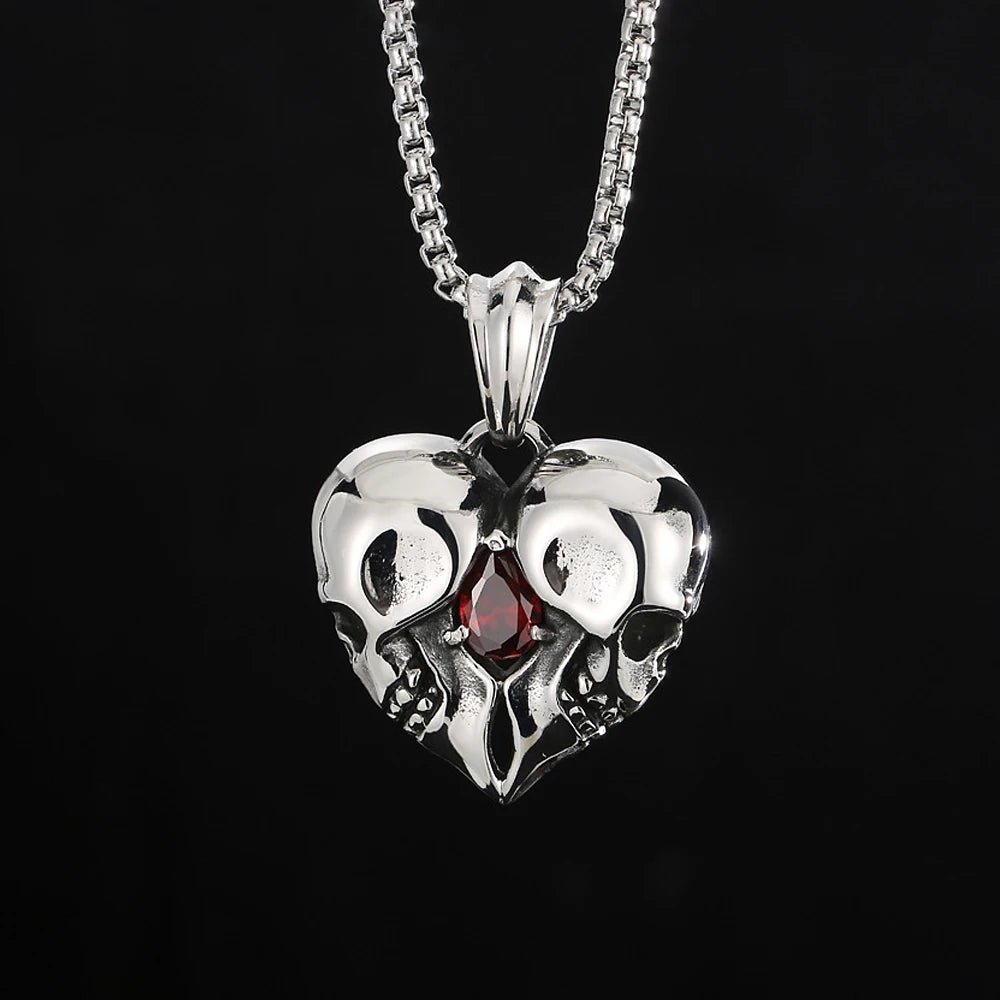Skull Steel Pendant Punk Vintage Heart Red Stone