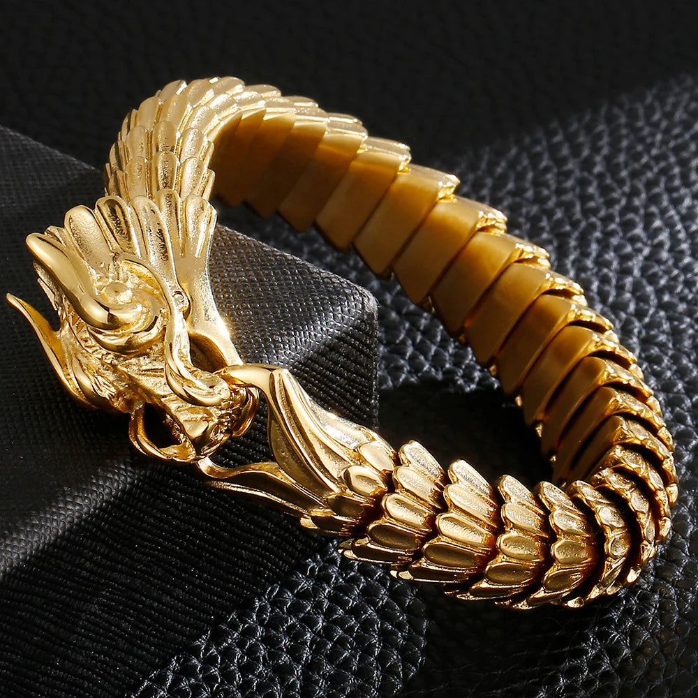 Dragon Head Animal Man Bracelet Gold Color 316L Stainless Steel Dragon Keel Chain Men's Bracelets Wristband Viking