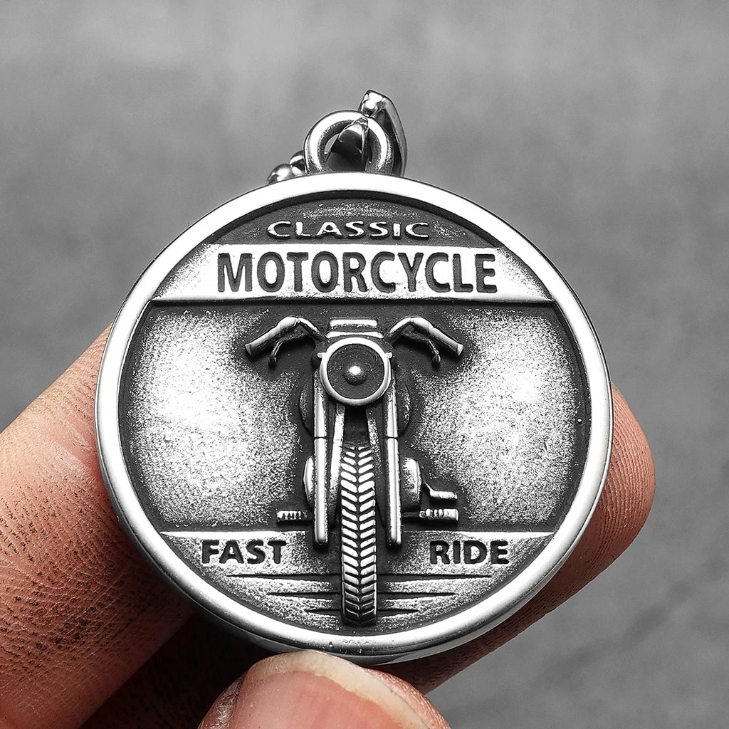 Skull Motorcycle Rider Pendant — Stainless Steel