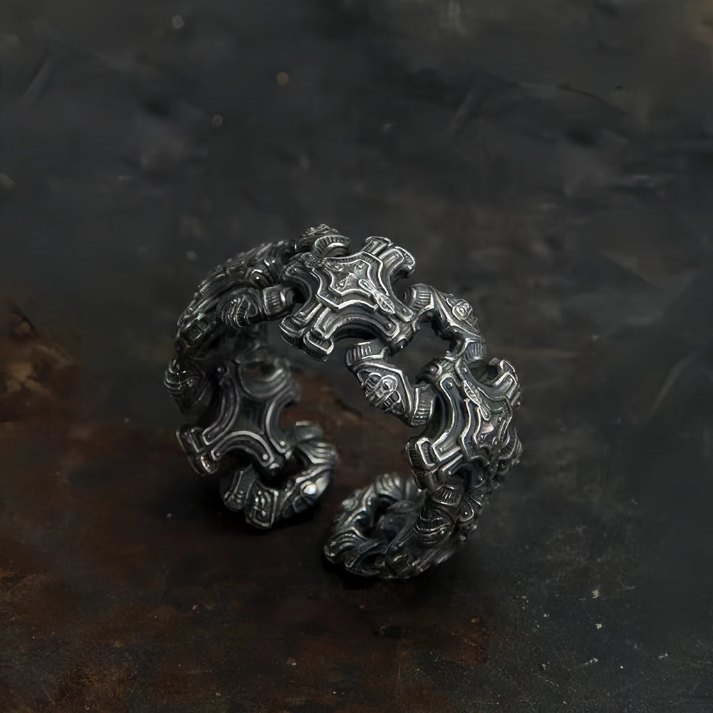 Gothic Chained Crosses Adjustable Open Ring — Silver-Tone