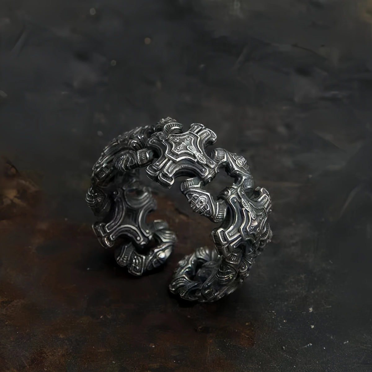 Gothic Chained Crosses Adjustable Open Ring — Silver-Tone
