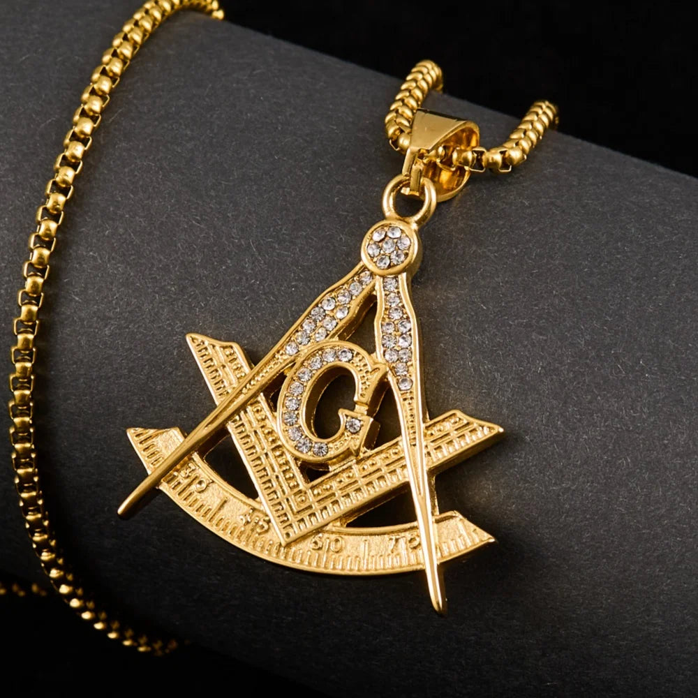 Drop shipping Hip Hop Iced Out Masonic with rhinestone Pendant Necklace Chain Gold Color Stainless Steel Freemason