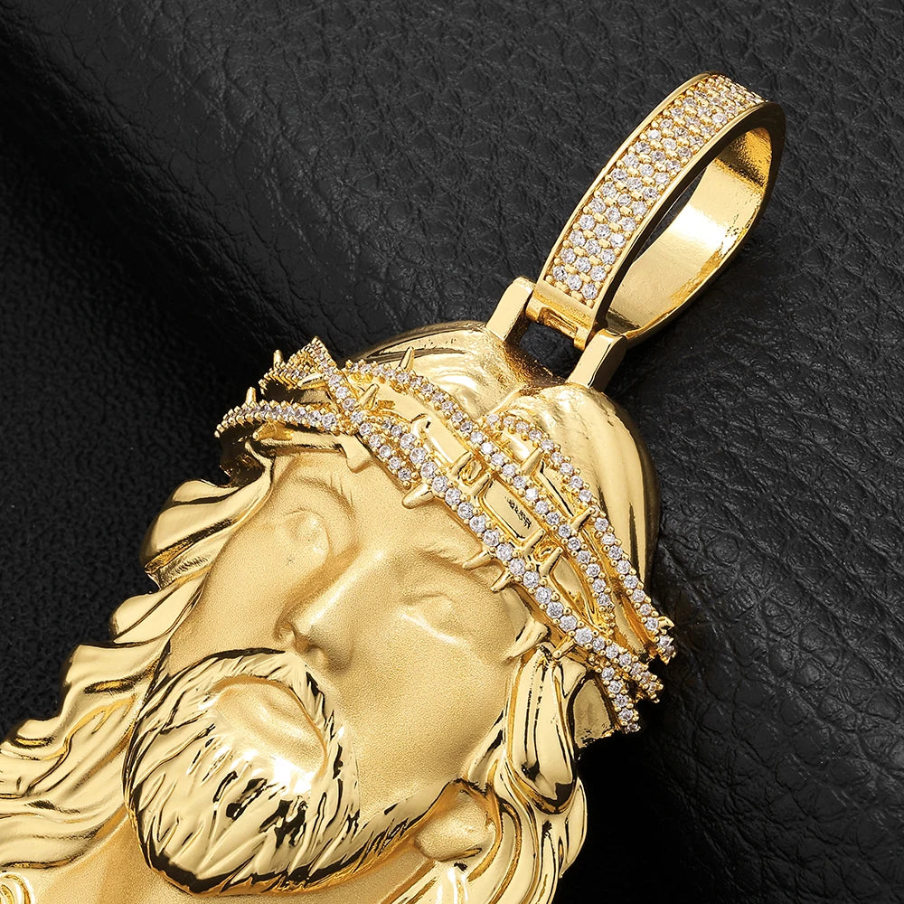 NY Fine Iced Out Jesus Head Pendant Necklace Brass Inlaid With CZ Crown Of Thorns Charm Men Hip Hop Religious Christian Jewelry
