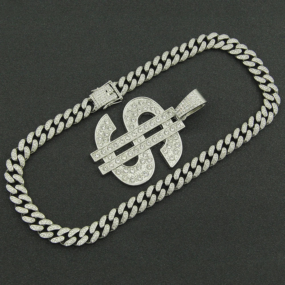 Fashion Hip Hop Dollar Pendant Necklace with 13mm Cuban Chain US Dollar Money Sign Necklaces Rap Rock Punk Jewelry For