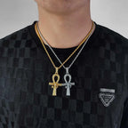 Gold Cross Ankh Pendant Necklace Iced Out 18K