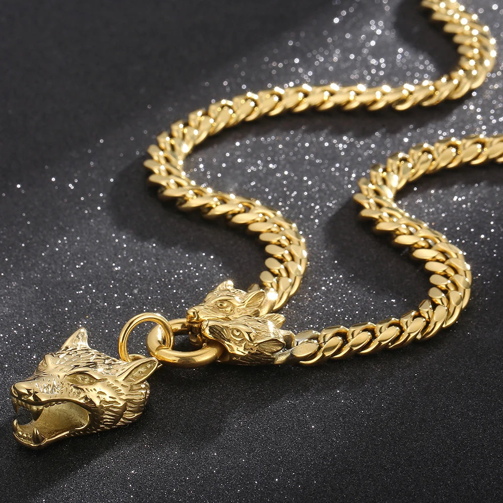 Massive Men's Wolf Head Pendant Necklace for Man 316L Stainless Steel Cuban Link Chain Gothic Hip Hop Streetwear Viking