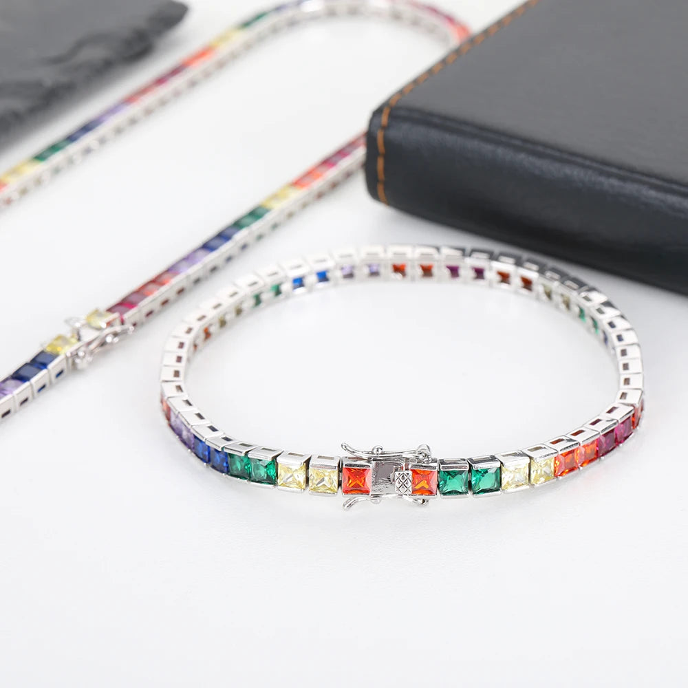 Gold Rainbow Tennis Necklace Iced Out 4MM 18K