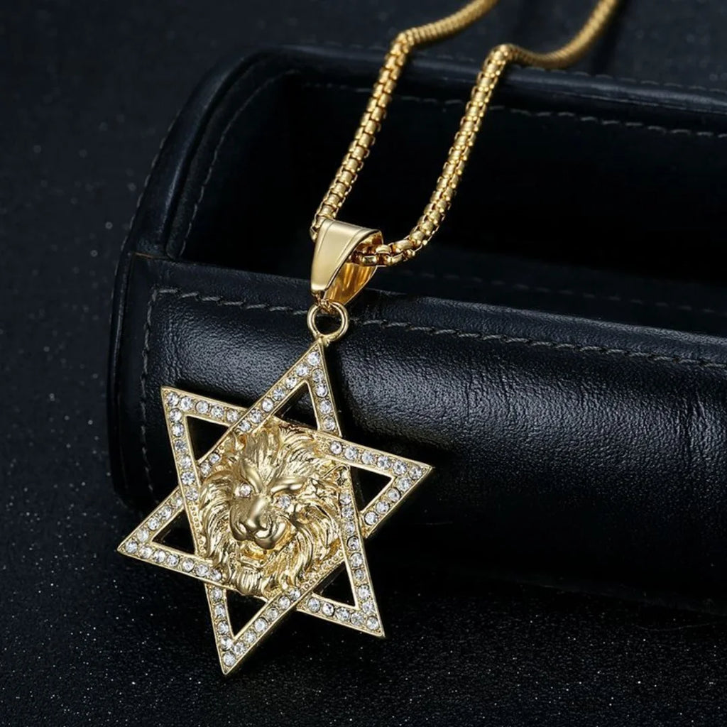 Religious Hexagram Star of David Lion's Head Zirconia Pendant Gold Color Stainless Steel Necklace for Woman Man Jewish Jewelry