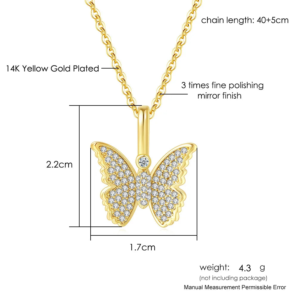 Iced Out Butterfly Pendant Necklace Stainless Steel