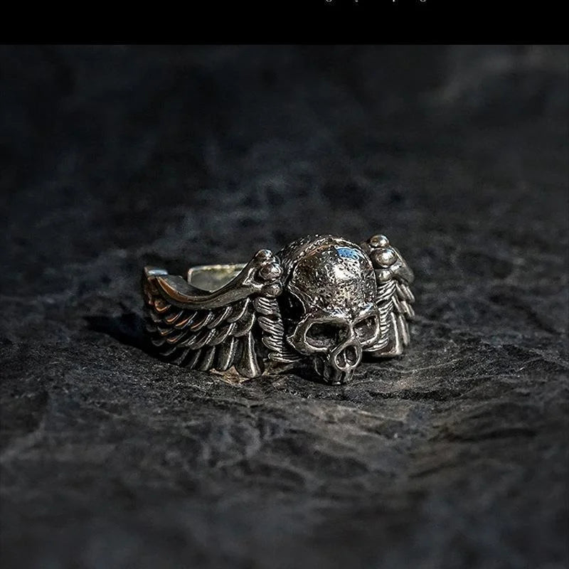 Wings Skull Head Open Ring — Stainless Steel