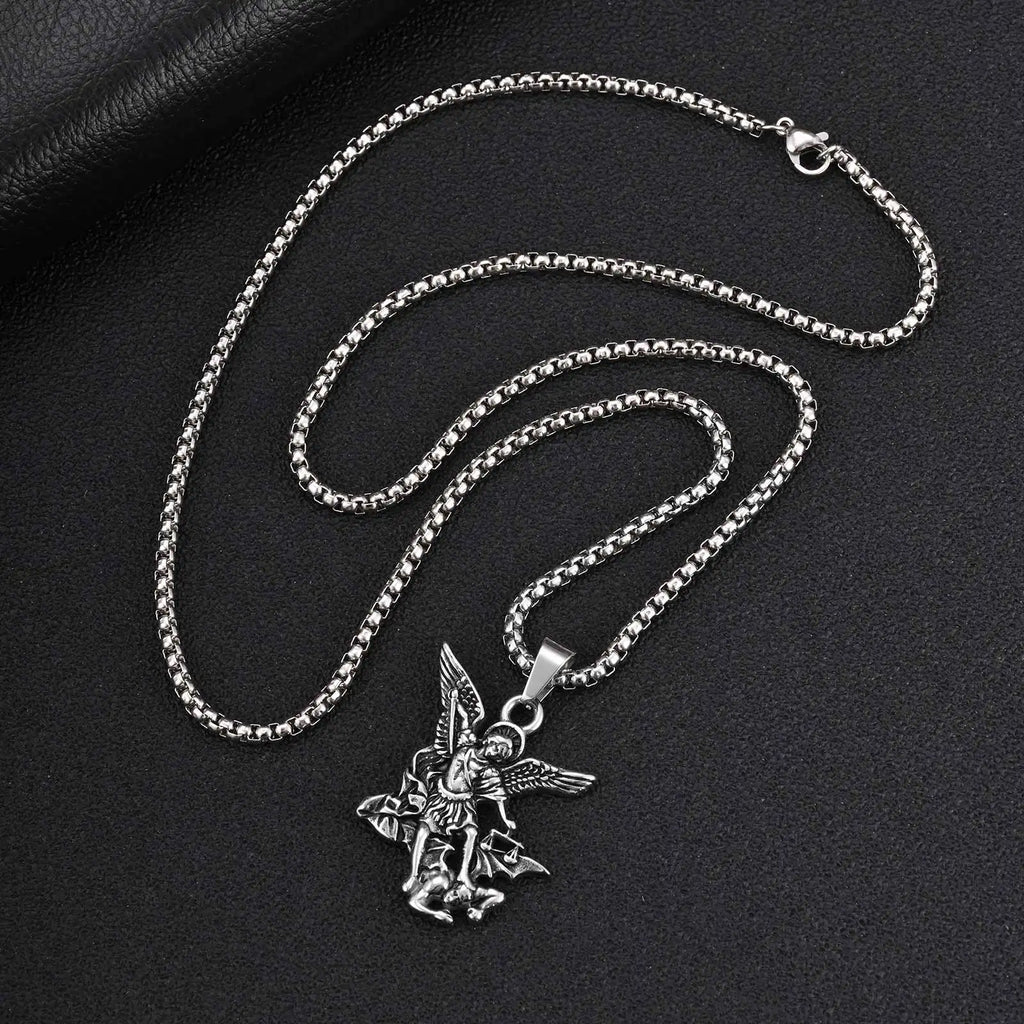 Vnox Stainless Steel St Michael Archangel Pendant Necklace for Men, Catholic Protection Amulet Box Chain Religious Jewelry Gift