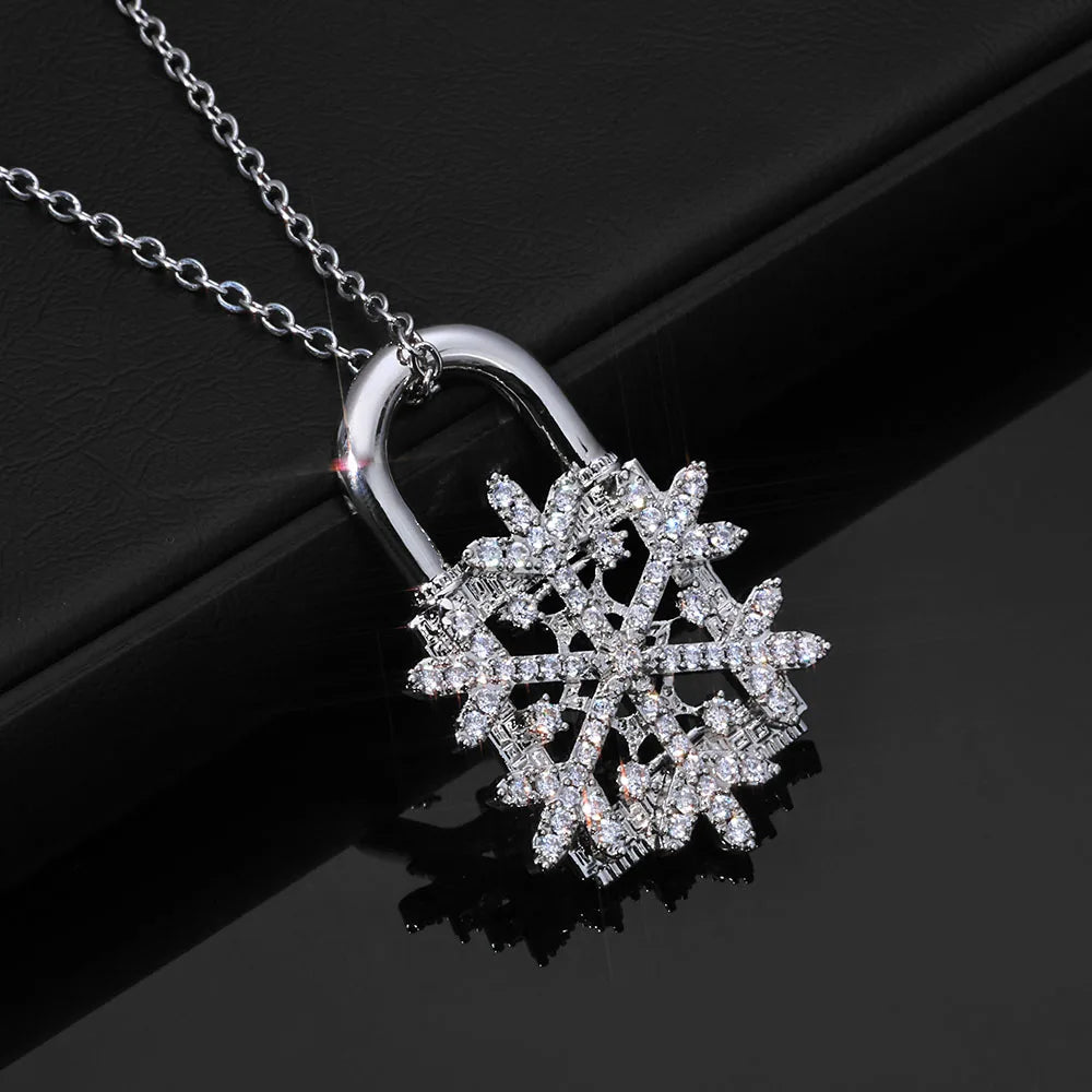Iced Out Snowflake Pendant Necklace Stainless Steel