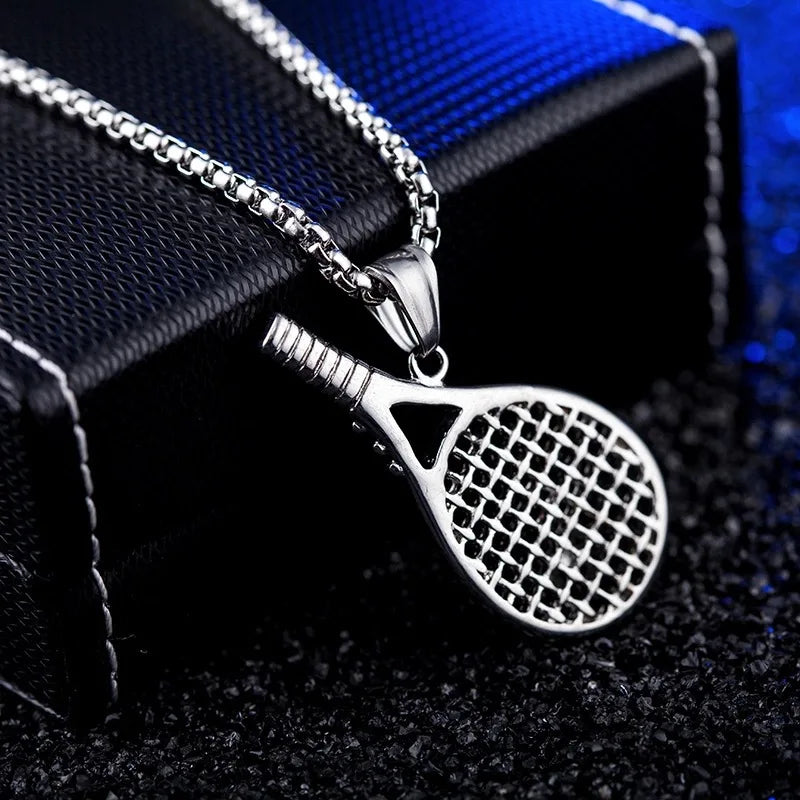 Silver Tennis Racket Pendant Necklace Stainless Steel